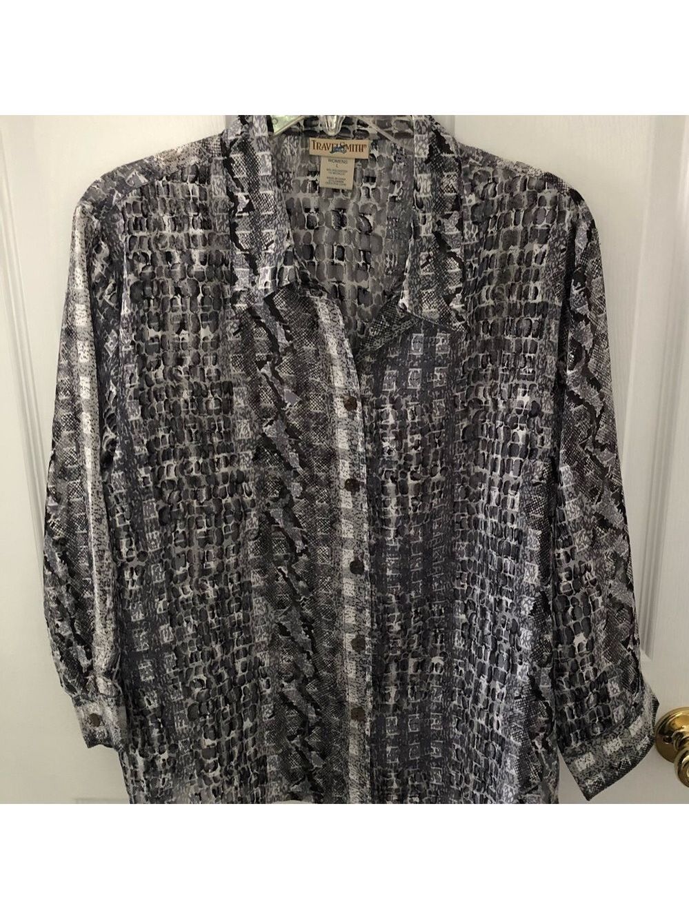 TravelSmith Metallic Black and Gray Snake-Pattern Blouse